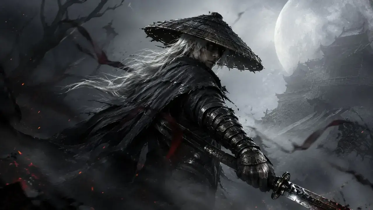 Samuraj z długimi białymi włosami i słomkowym kapeluszem, dzierżący miecz. W tle zrujnowany zamek i księżyc. To świat Phantom Blade Zero.