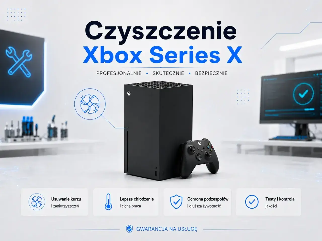 Profesjonalne czyszczenie Xbox Series X: usuwanie kurzu, lepsze chłodzenie, ochrona podzespołów i kontrola jakości. Zapewnij konsoli dłuższą żywotność.