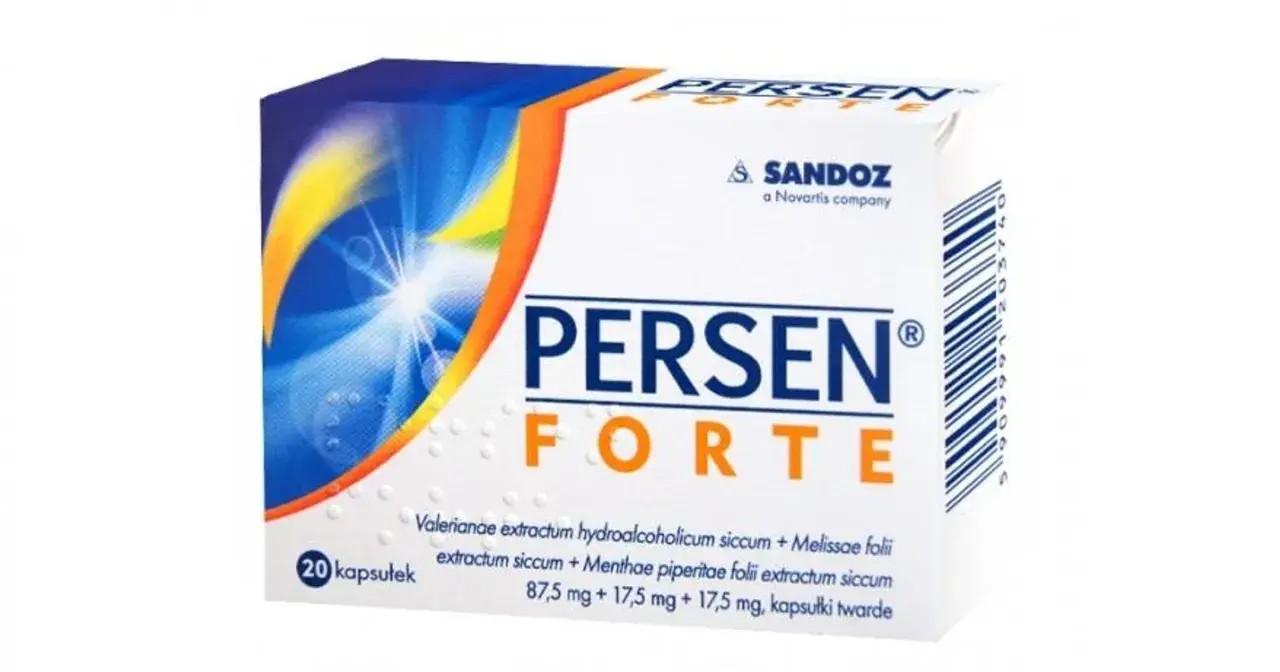 Opakowanie leku Persen Forte, zawierające 20 kapsułek. Na pudełku widnieje logo Sandoz.