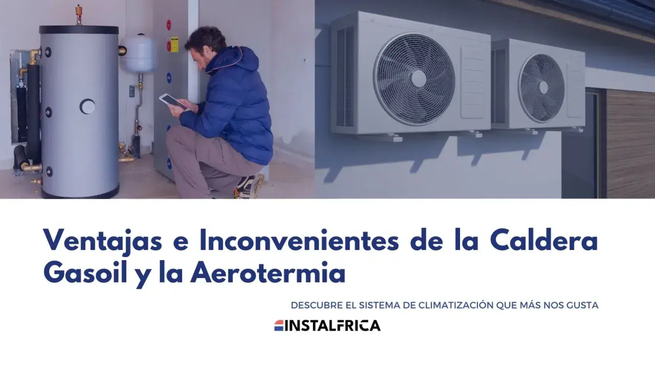Hombre revisa tablet junto a caldera de gasoil. A la derecha, unidades exteriores de aerotermia. Considera cambiar caldera de gasoil.