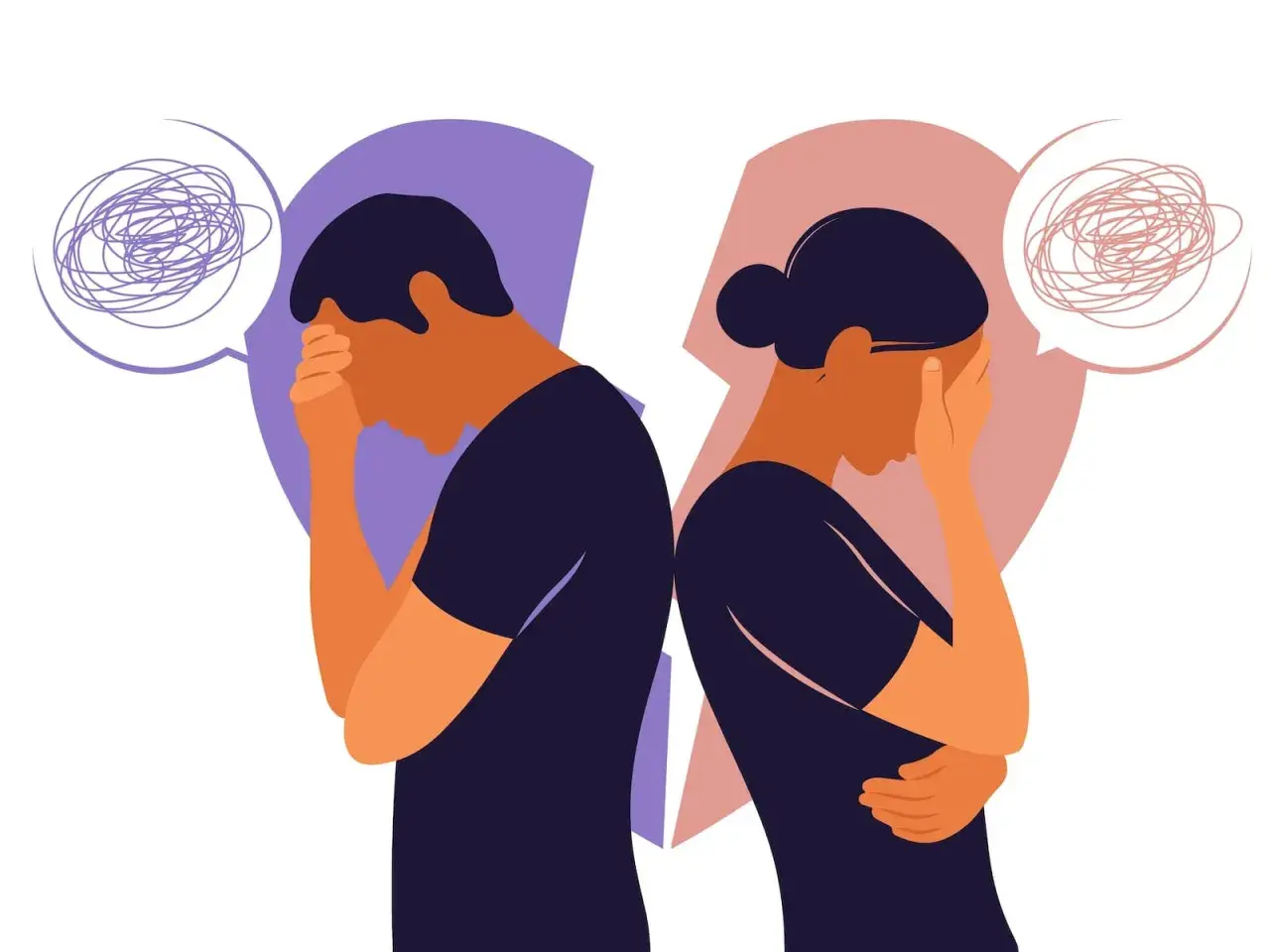 Coppia in pausa di riflessione, con pensieri confusi che emergono da nuvole di dialogo.