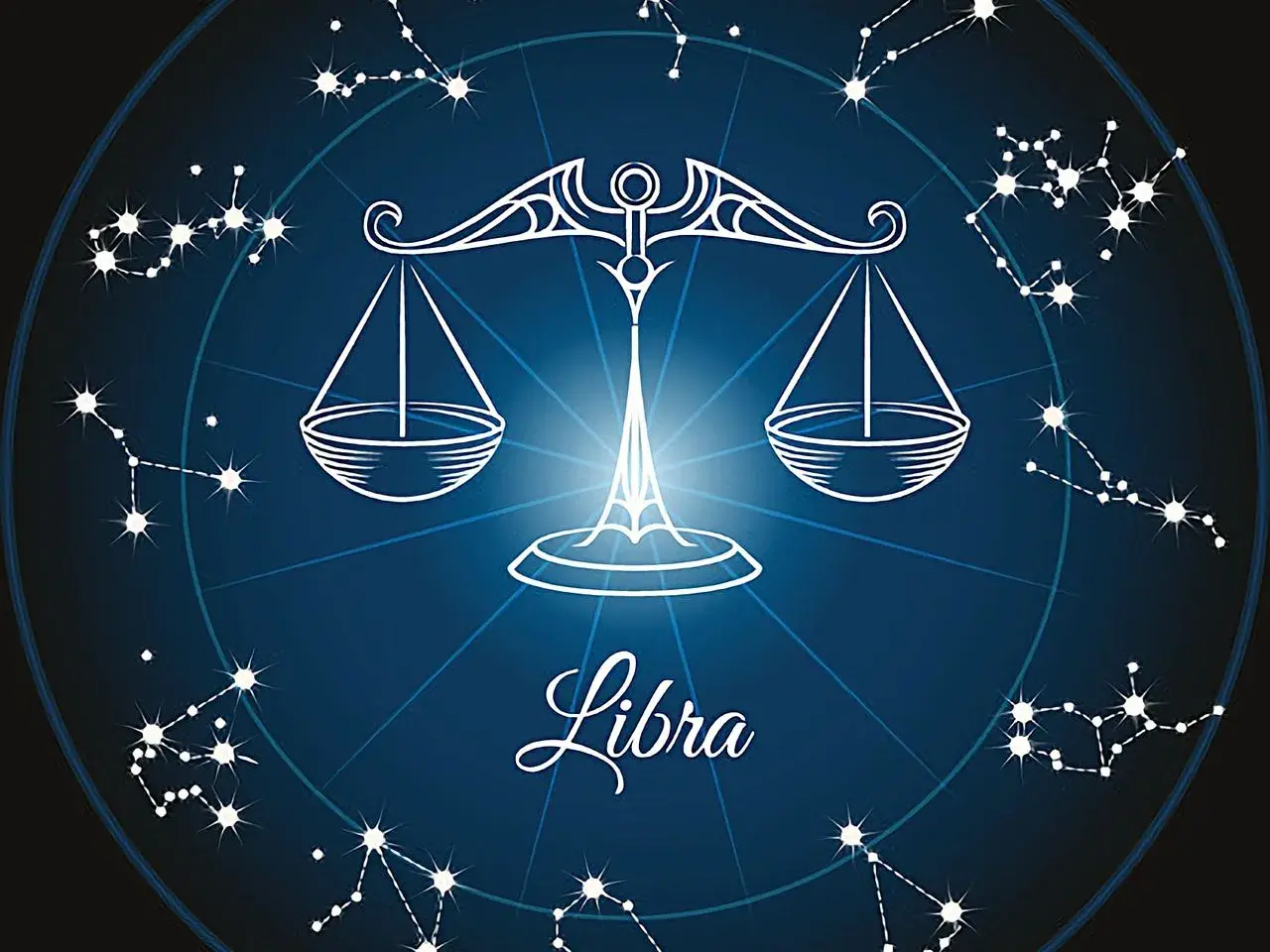 Symbol wagi znak zodiaku, otoczony konstelacjami na tle nocnego nieba.