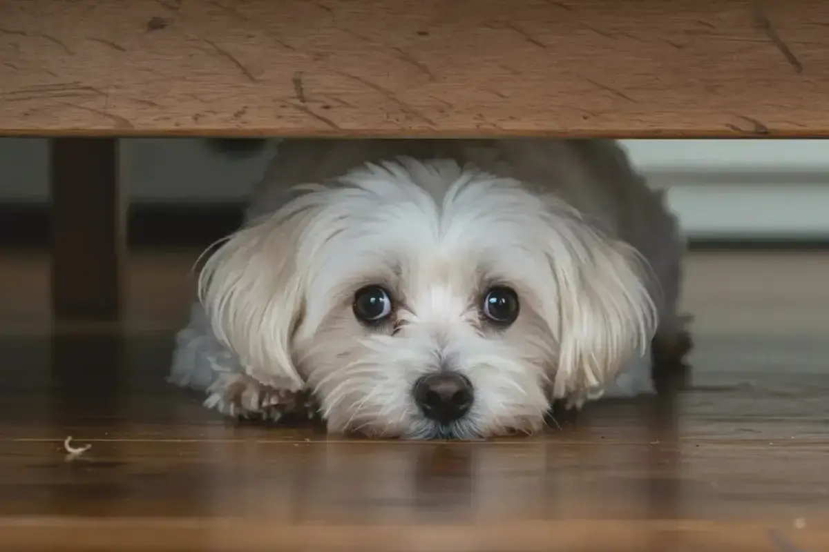 Ein kleiner, weißer, schreckhafter Hund kauert unter einem Holztisch. Seine großen, dunklen Augen blicken ängstlich hervor.