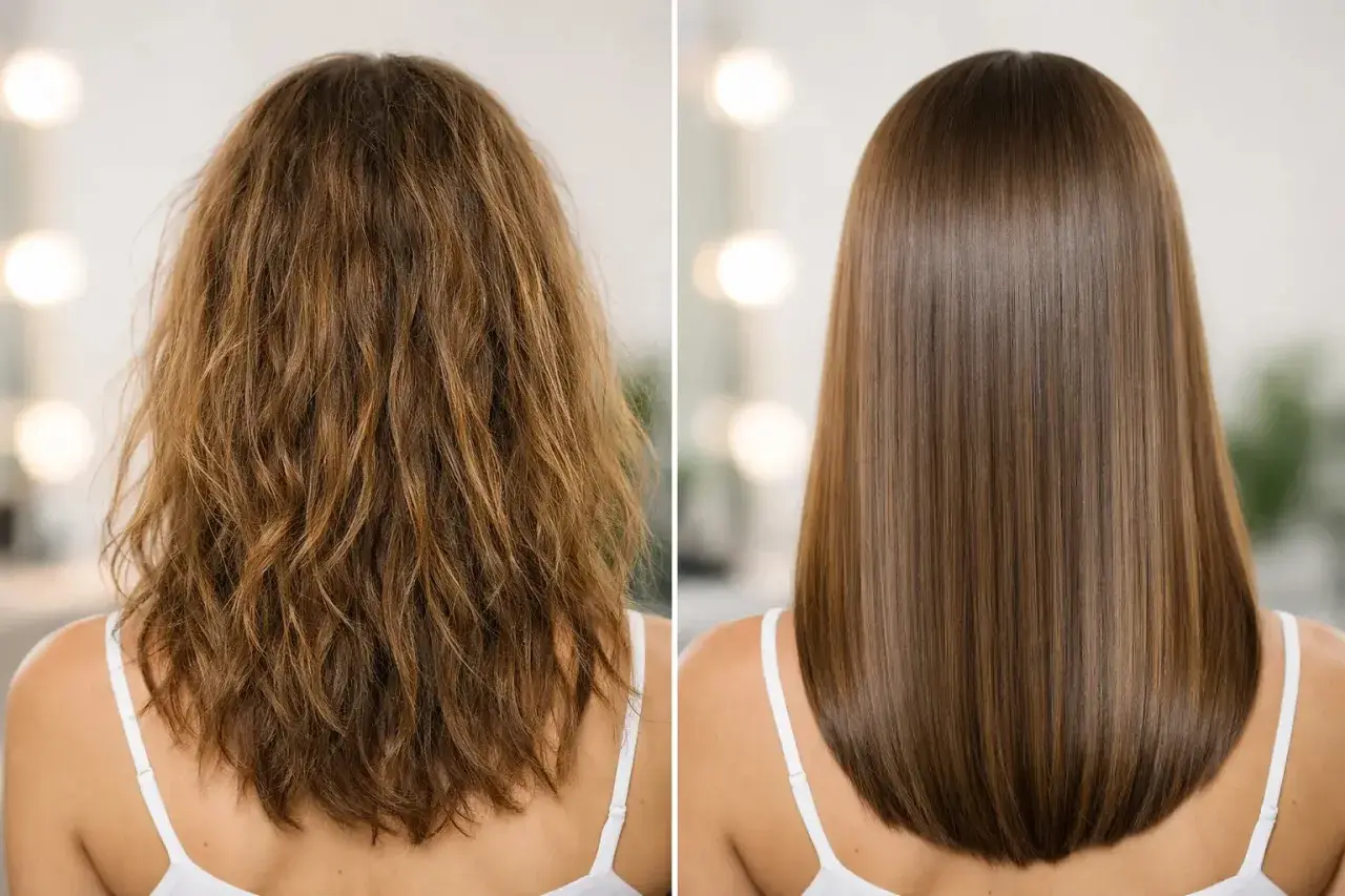 Pelo matizado antes: seco y rebelde. Después: liso, brillante y sedoso. ¡Una transformación increíble!