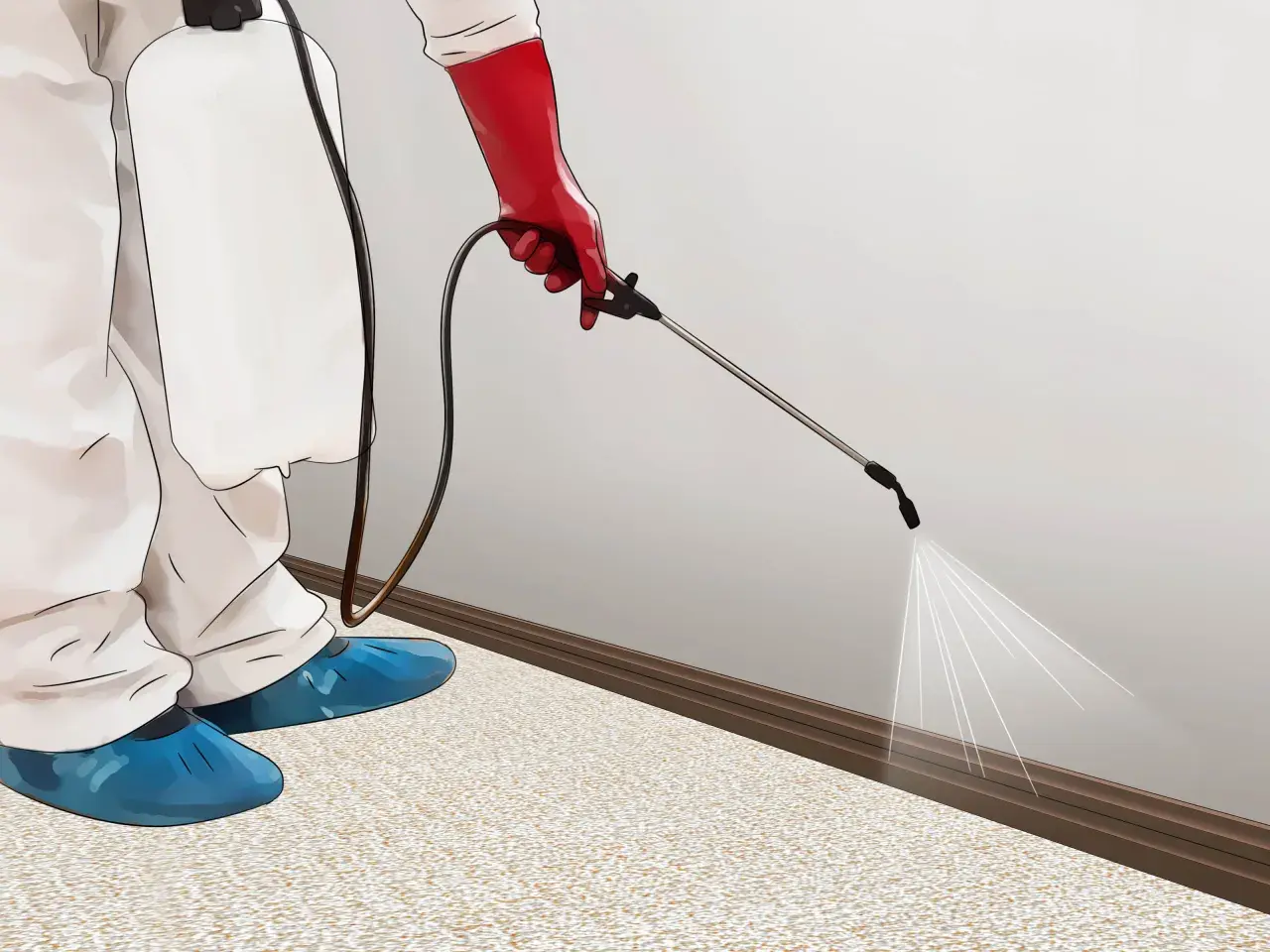 Persona con traje protector y guantes rojos rocía insecticida en la base de una pared para eliminar pulgas en casa.