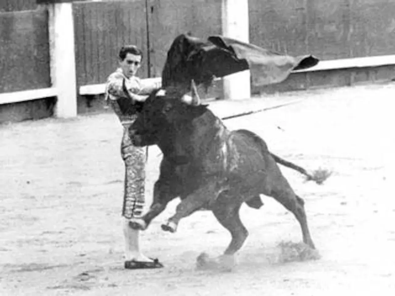 Un torero se enfrenta a un toro bravo en la arena. La imagen evoca la pregunta: ¿quién mató a Manolete?