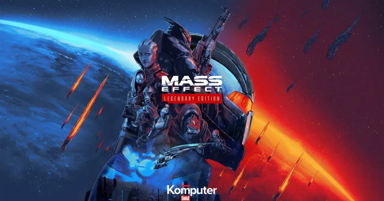 Postacie z Mass Effect 3 na tle planety i statków kosmicznych. Widoczny napis "Mass Effect Legendary Edition".