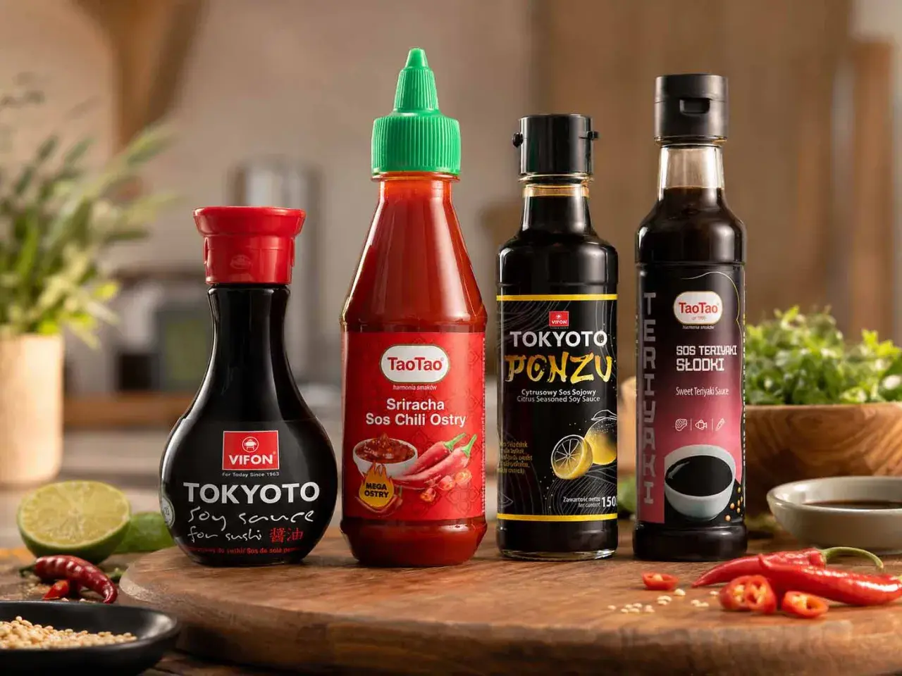 Cztery butelki sosów: sojowy, sriracha, ponzu i teriyaki, gotowe do sushi.