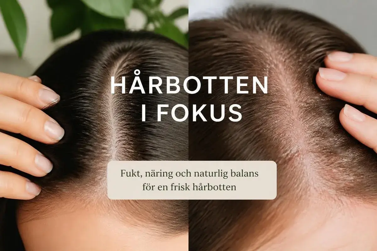 Två närbilder av hårbotten, en med mörkt hår och en med ljusare hår. Texten "Hårbotten i fokus" och "Fukt, näring och naturlig balans för en frisk hårbotten" antyder lösningar för torr hårbotten och håravfall.