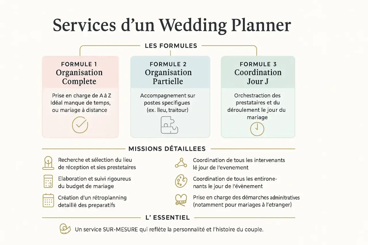 Services d'un wedding planner : 3 formules pour votre planning mariage, de l'organisation complète à la coordination du Jour J.