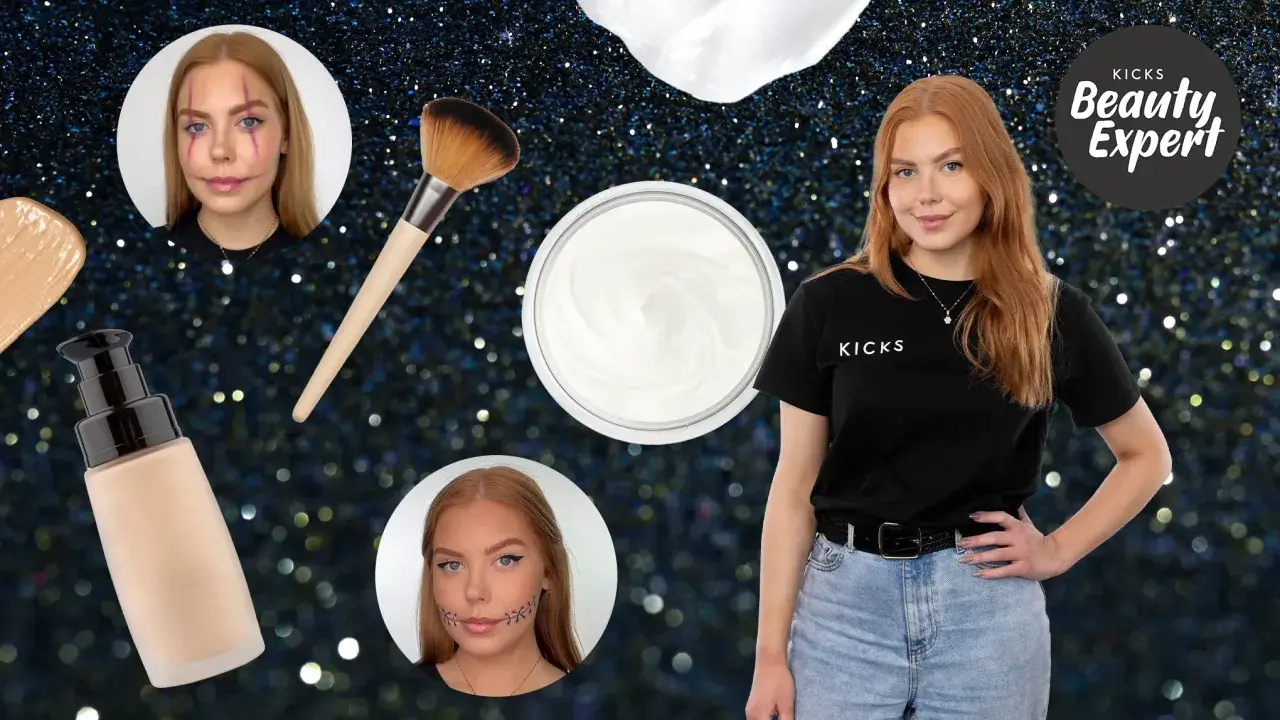 KICKS Beauty Expert visar en halloween målning ansikte med sår och stygn. Sminkprodukter och borste syns.