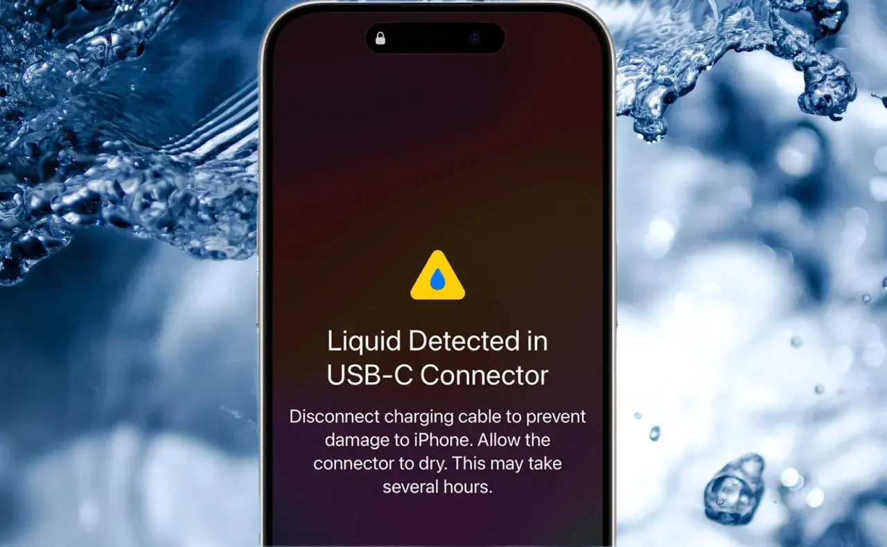 iPhone wpadł do wody, ale działa. Wyświetla komunikat o wykryciu płynu w złączu USB-C i zaleca wysuszenie.