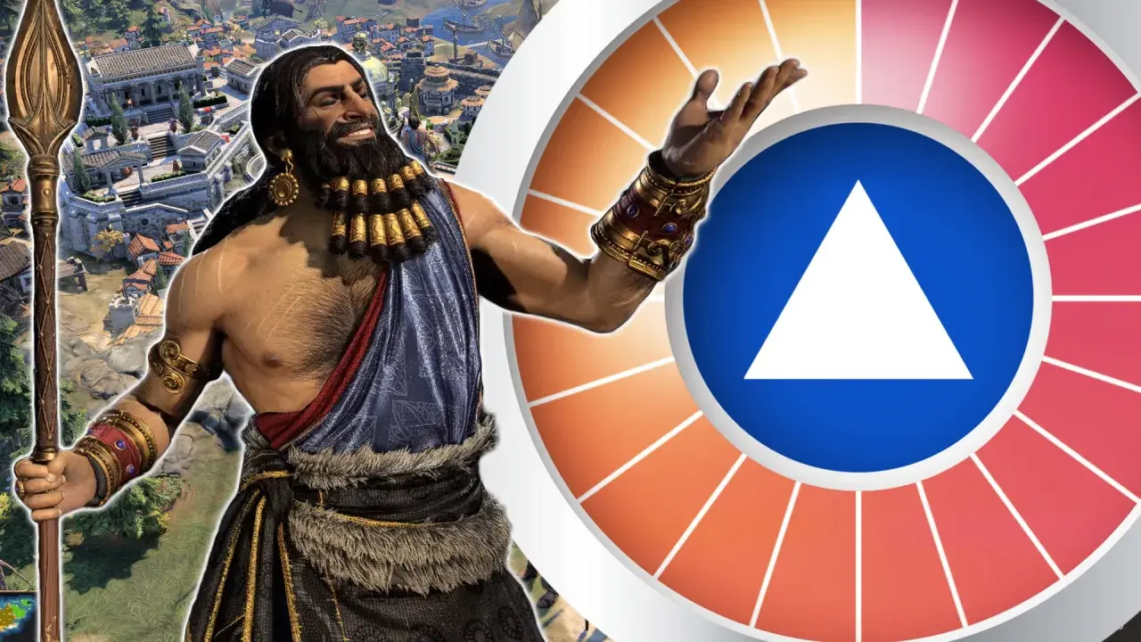 Ein Krieger mit Speer und antiker Stadt im Hintergrund, neben einem bunten Rad mit Dreieck – vielleicht ein Hinweis auf Civilization 7.