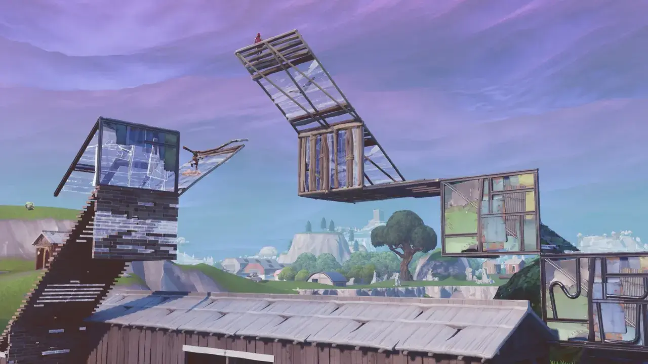 Konstrukcje z drewna i szkła w grze Battle Royale na tle fioletowego nieba.