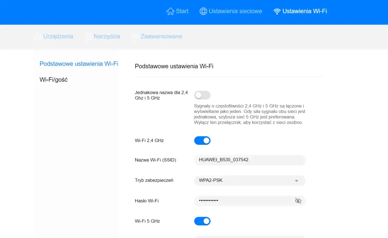 Ustawienia Wi-Fi: sprawdź, jak sprawdzić ile GHz ma Wi-Fi, wybierając między 2,4 GHz a 5 GHz.