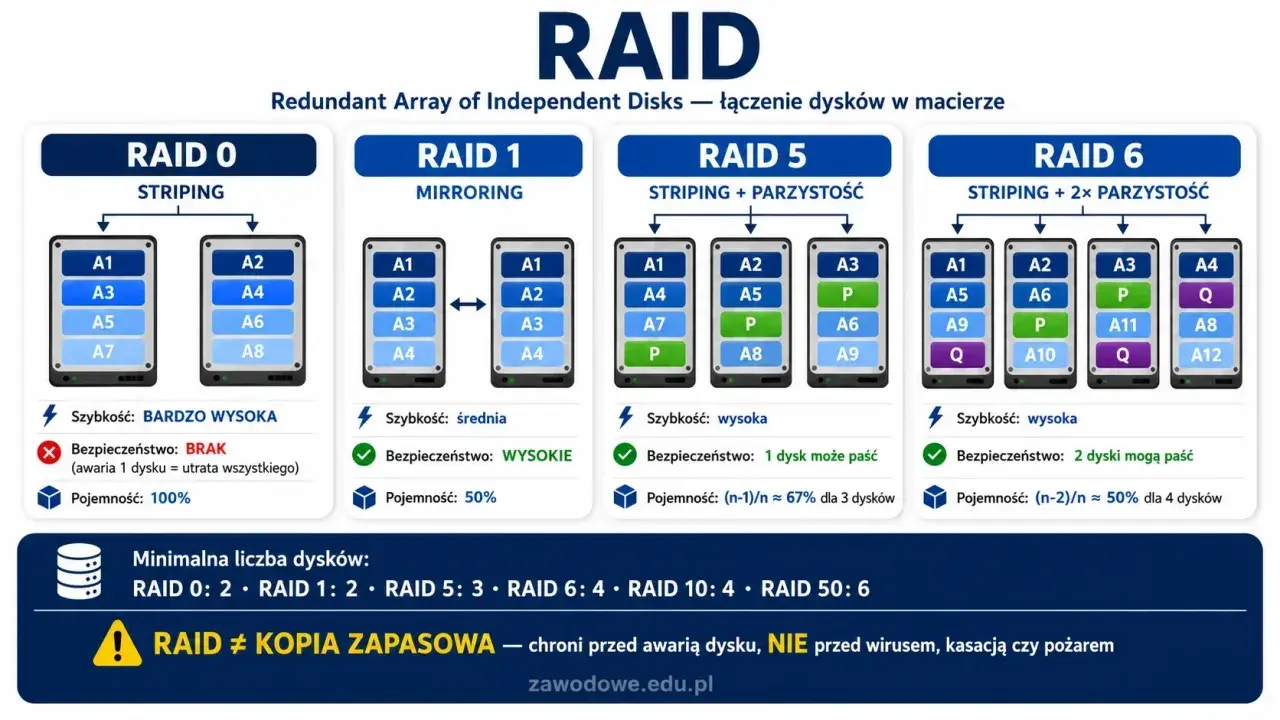 Porównanie konfiguracji RAID: RAID 0 (striping), RAID 1 (mirroring), RAID 5 i RAID 6. Wykres pokazuje szybkość, bezpieczeństwo i pojemność dla każdej opcji.