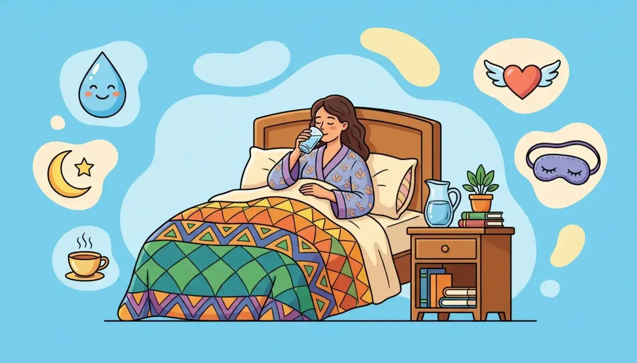 Mujer en cama bebe agua, rodeada de iconos de luna, gota, corazón alado, antifaz y taza de café. Consejos para la **cuarentena embarazo**.