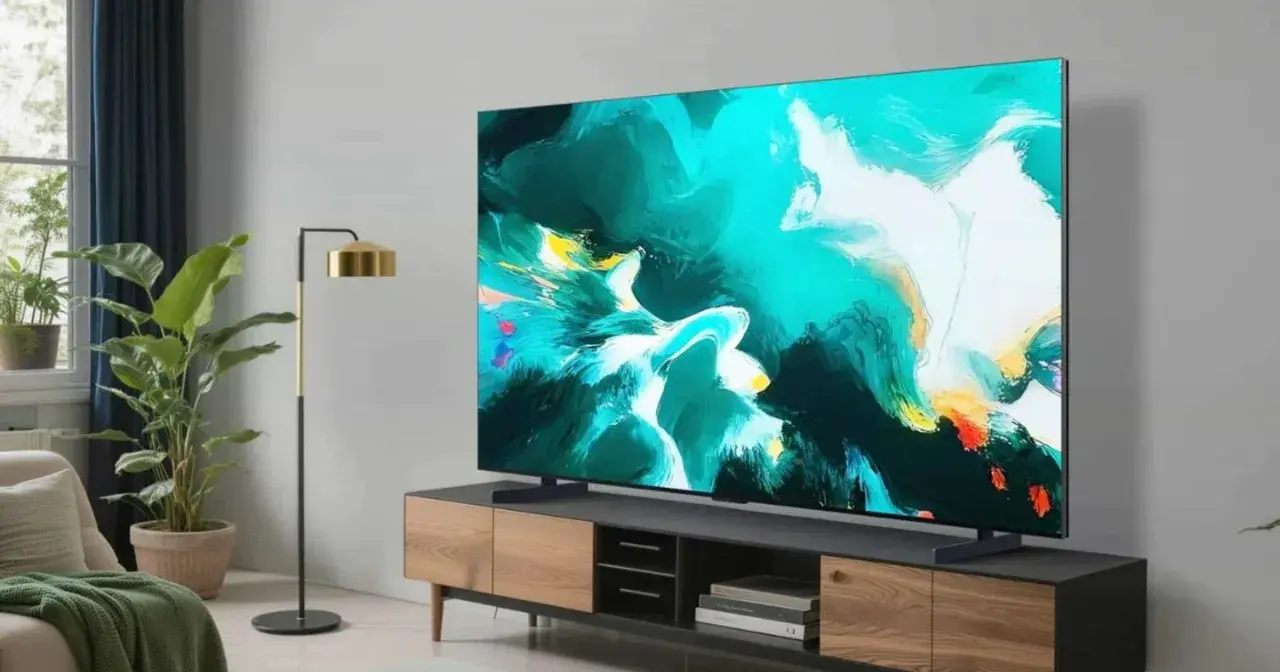Nowoczesny salon z telewizorem TCL C8K wyświetlającym abstrakcyjny obraz. Obok stoi lampa i rośliny.
