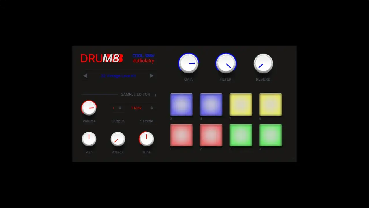 DRUM8 interface, a free percussion VST, features sample editing, volume, pan, attack, tune controls, and colorful pads for creating beats.