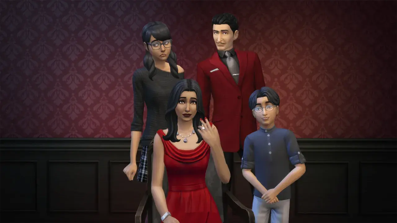 Rodzina Ćwir z The Sims 4 pozuje do portretu. Elegancka mama w czerwonej sukni, tata w garniturze, nastoletnia córka i młodszy syn.
