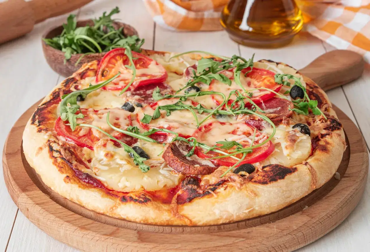 Pyszne ciasto na pizzę thermomix z pomidorami, mozzarellą, oliwkami i rukolą. Idealne na szybki obiad.