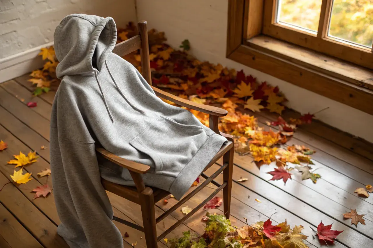 Szara bluza z kapturem na drewnianym krześle, otoczona jesiennymi liśćmi. Idealna jako jaka bluza do szarych dresów na chłodne dni.