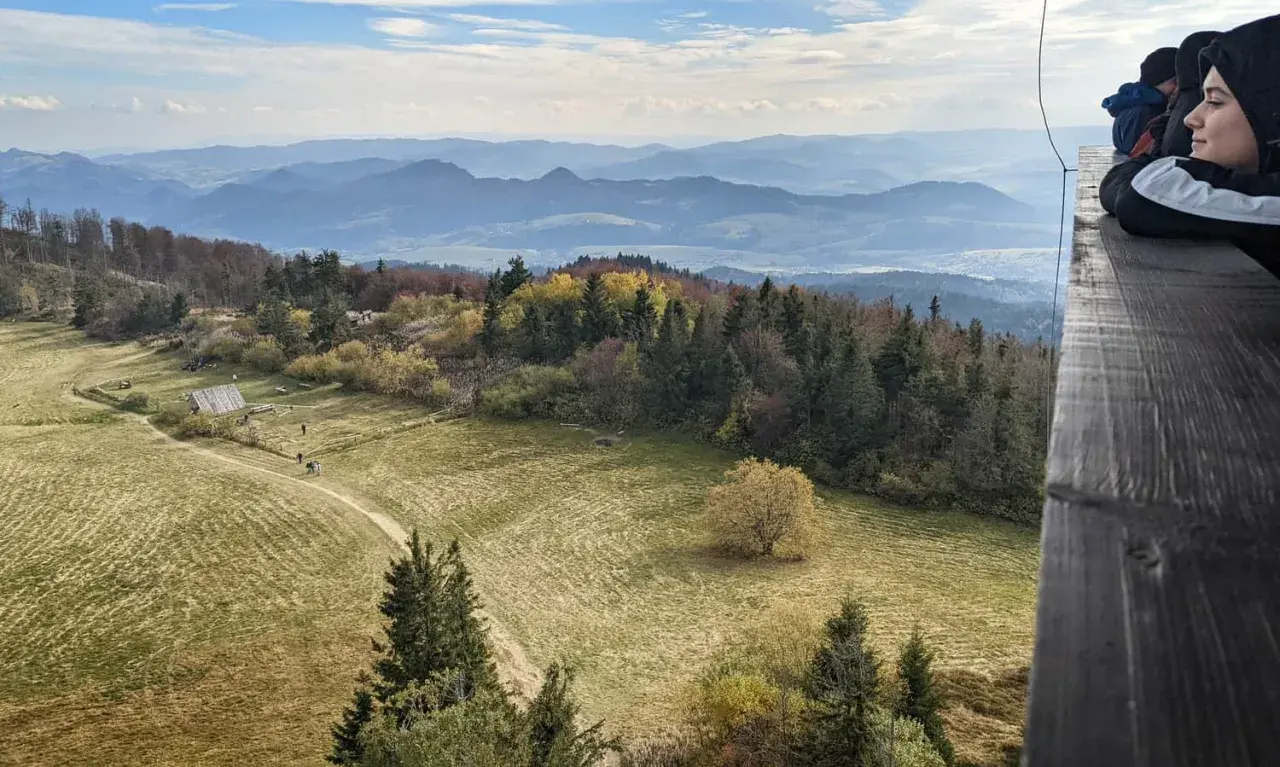 Widok z wieży widokowej na szlak na Lubań. Jesienne kolory lasów i łagodne wzgórza w oddali.