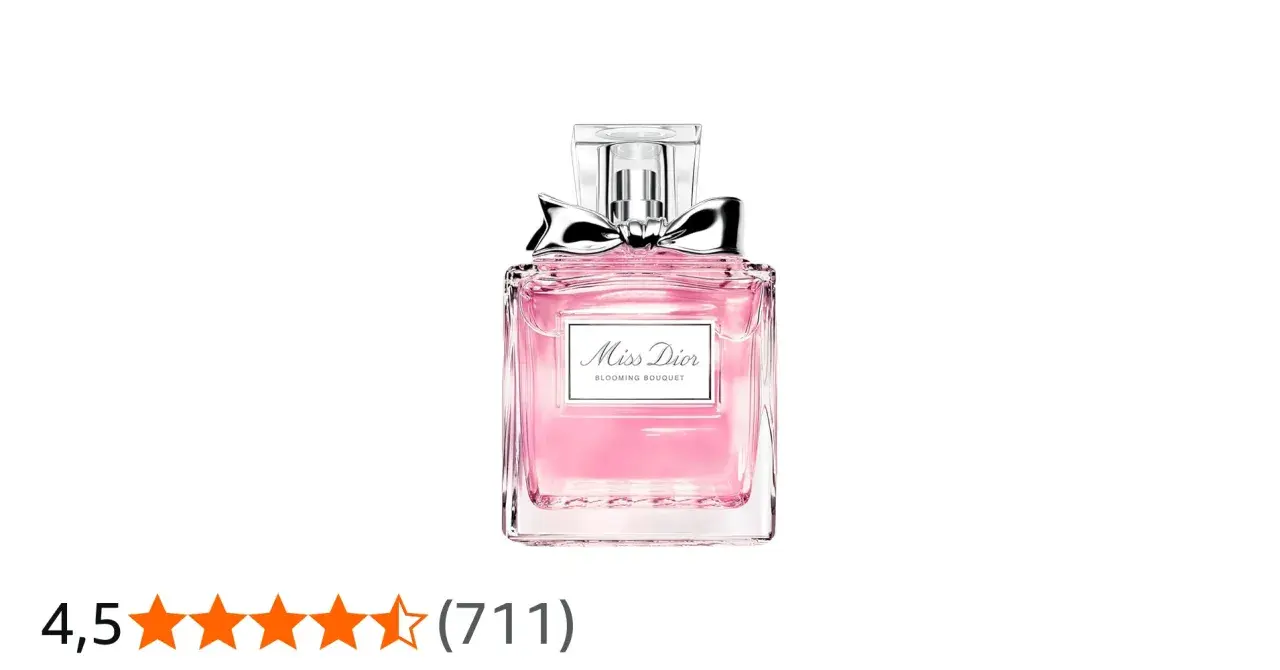 Różowy flakonik perfum Miss Dior Blooming Bouquet z srebrną kokardką, jak kwitnący bukiet wiosennych kwiatów.