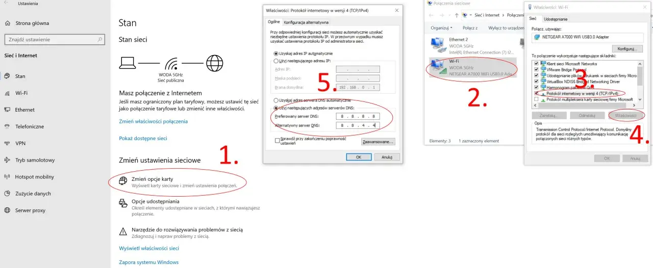 Konfiguracja sieci Wi-Fi, gdzie połączono bez internetu, z widocznymi ustawieniami protokołu TCP/IPv4 i serwerów DNS.