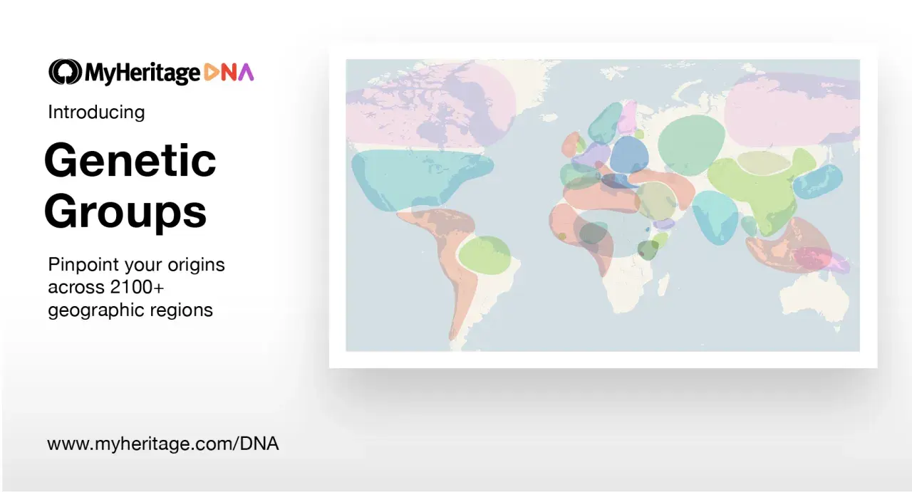 Carte du monde avec des zones colorées représentant les groupes génétiques. Découvrez votre **my heritage origine** avec MyHeritage DNA.