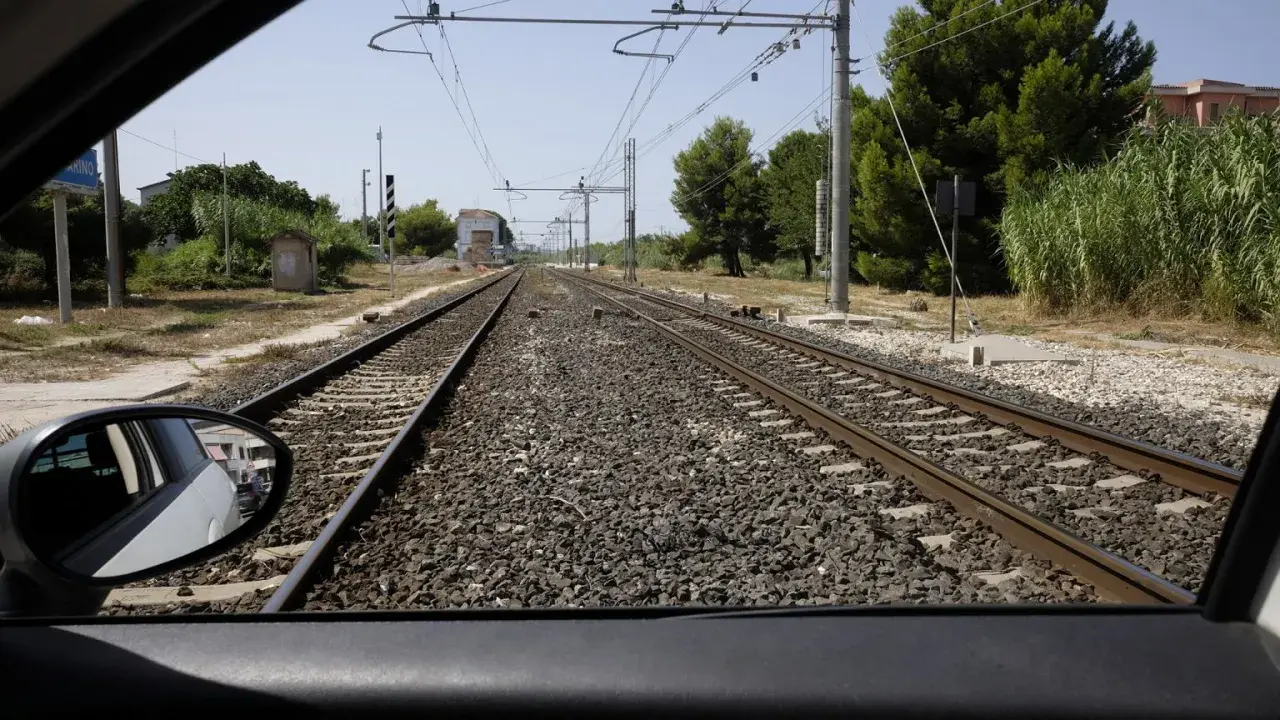 Widok z samochodu na tory kolejowe. W oddali widać budynki i drzewa. To **przejazd kolejowy bez zapór**, gdzie trzeba uważać na pociągi.