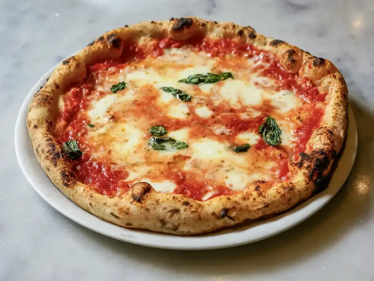 Eine authentische Pizza Margherita, wie sie in der Pizzeria Brandi in Neapel serviert wird, mit frischem Basilikum und geschmolzenem Mozzarella.
