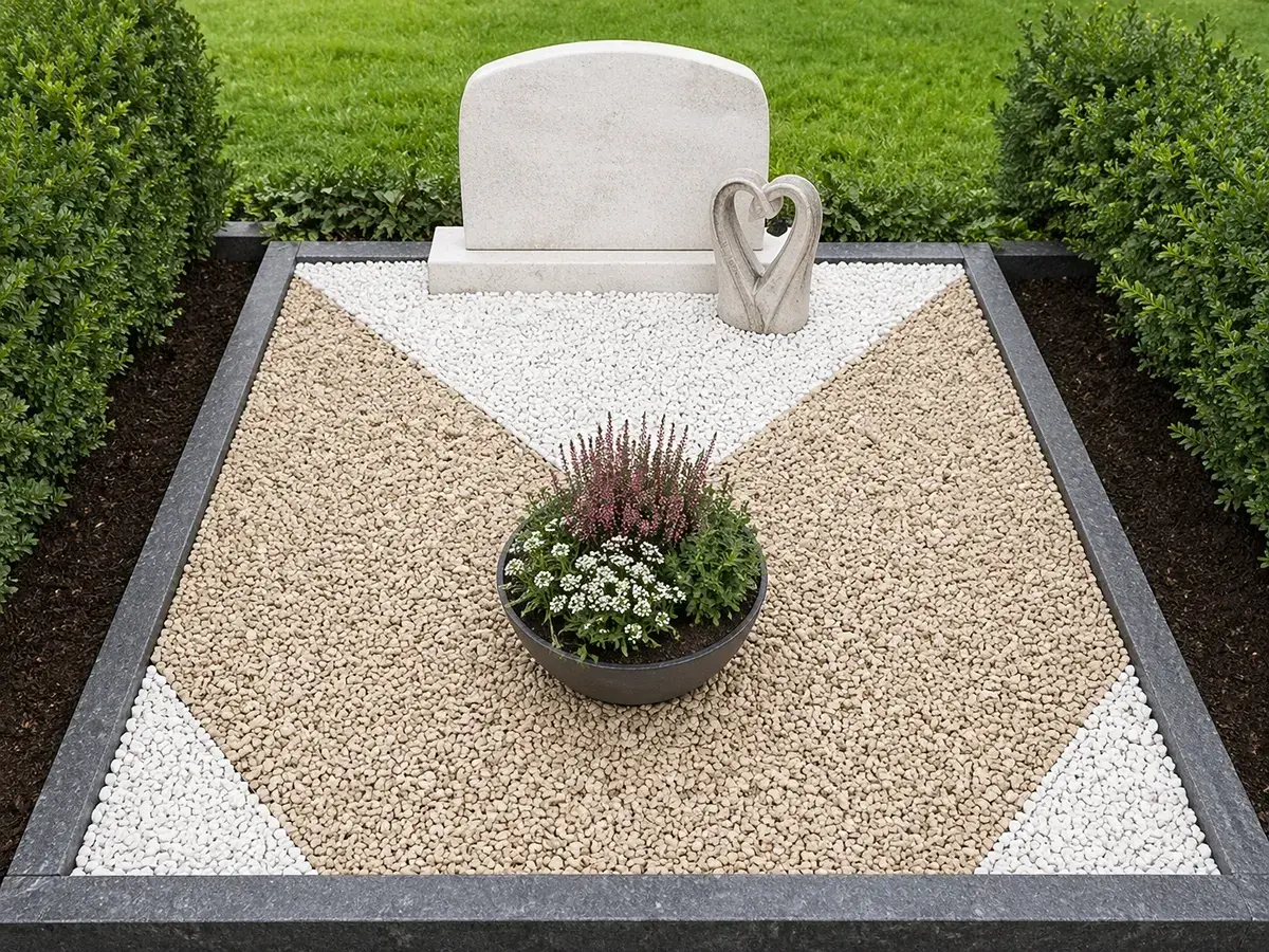 Grabgestaltung mit Kies und Bodendecker: Ein Grabfeld mit einem Grabstein, einem Herzsymbol und einer Schale mit Heidekraut und kleinen weißen Blumen.