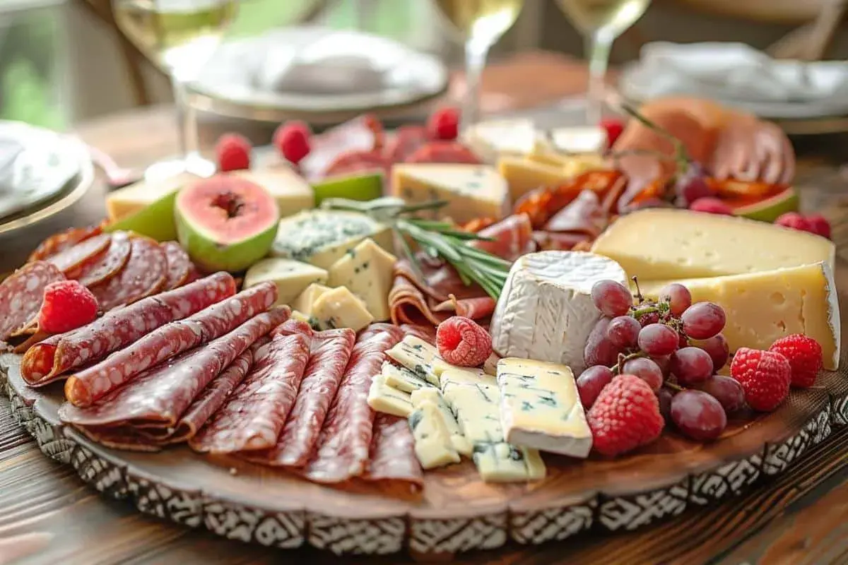 Plateau de charcuterie et fromages variés, fruits rouges et raisins. Une belle idée repas pour un apéritif gourmand.