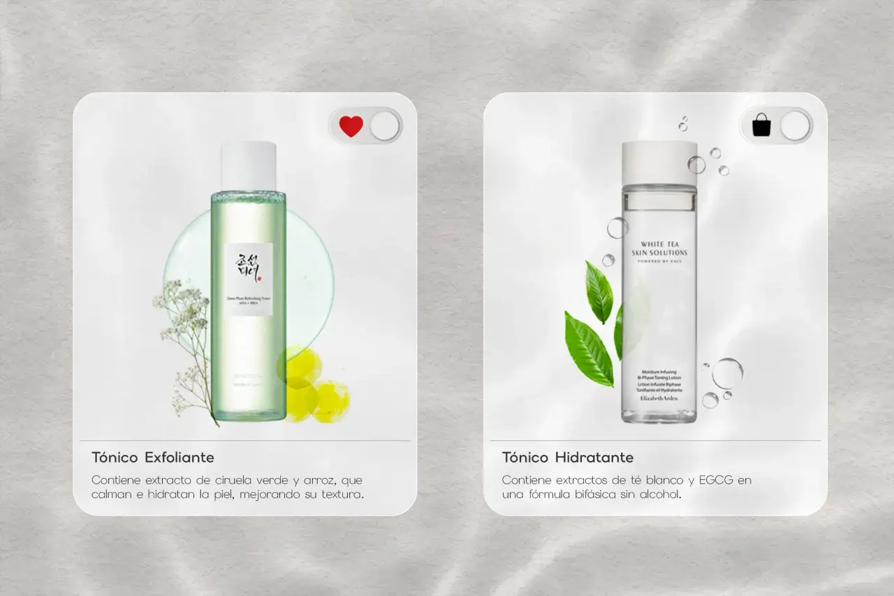 Tónico exfoliante con ciruela verde y arroz para calmar e hidratar. Tónico hidratante con té blanco y EGCG, ideal para saber para que sirve el tonico facial.