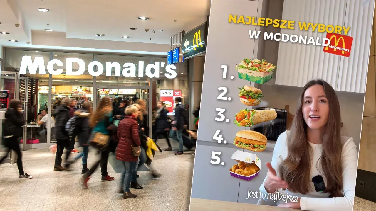 Ranking "Najlepsze wybory w McDonald's", gdzie widać wejście do restauracji i listę dań, od sałatki po nuggetsy. Sprawdzamy, co ma najmniej kalorii w Mc.