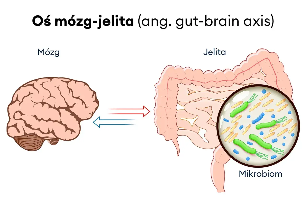Oś mózg-jelita ilustruje połączenie między mózgiem a jelitami, gdzie mikrobiom jelitowy odgrywa rolę w rozwoju zespołu jelita drażliwego.
