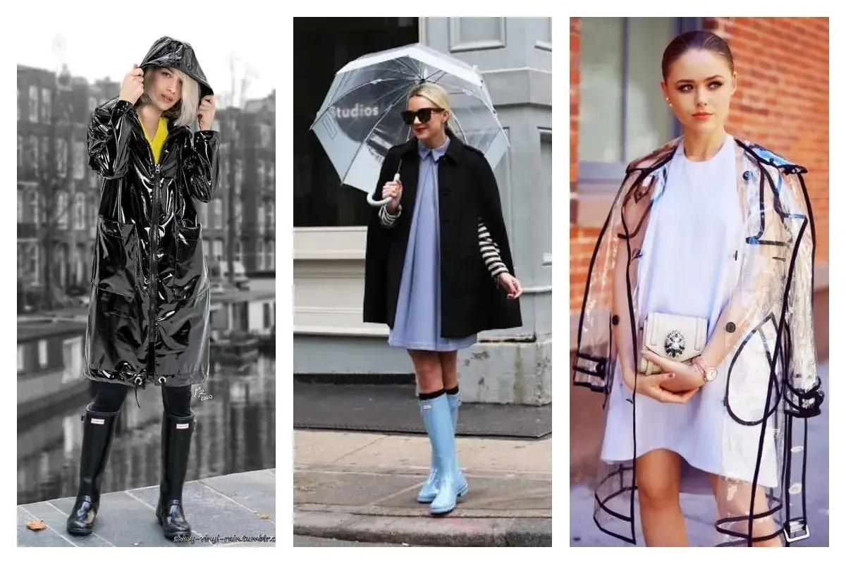 Trois looks pour savoir comment s'habiller quand il pleut et qu'il fait froid : trenchs brillants, capes élégantes et manteaux transparents.