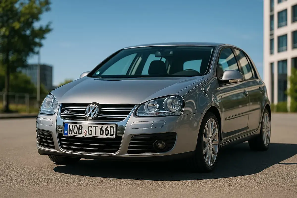Srebrny Volkswagen Golf V z niemieckimi tablicami rejestracyjnymi na tle budynku.