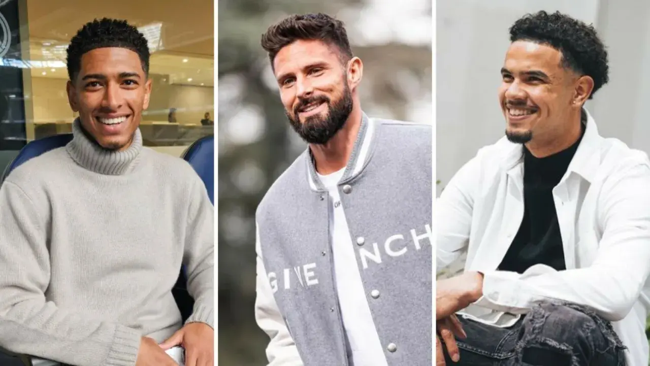 Trzech przystojnych piłkarzy: Jude Bellingham, Olivier Giroud i Mason Mount, uśmiechają się do obiektywu.