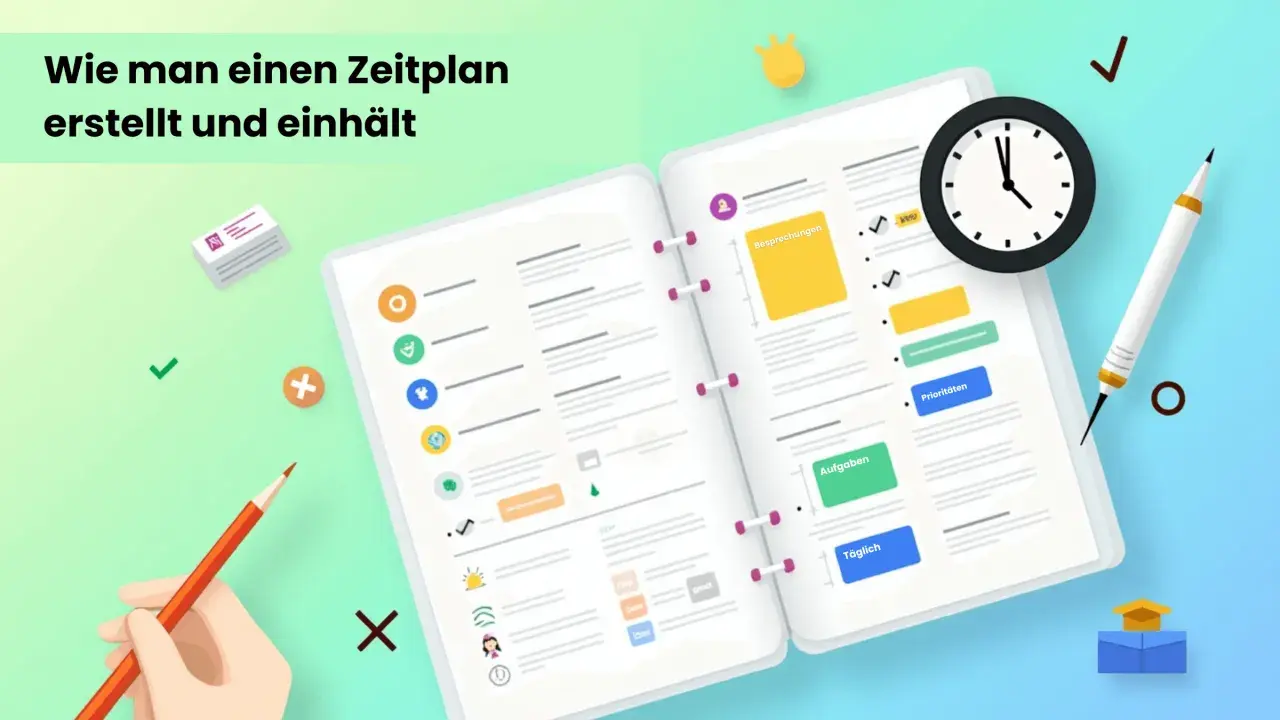 Ein offenes Notizbuch zeigt, wie man einen **online Zeitplan erstellen** kann, mit Kategorien wie "Besprechungen", "Aufgaben" und "Prioritäten".
