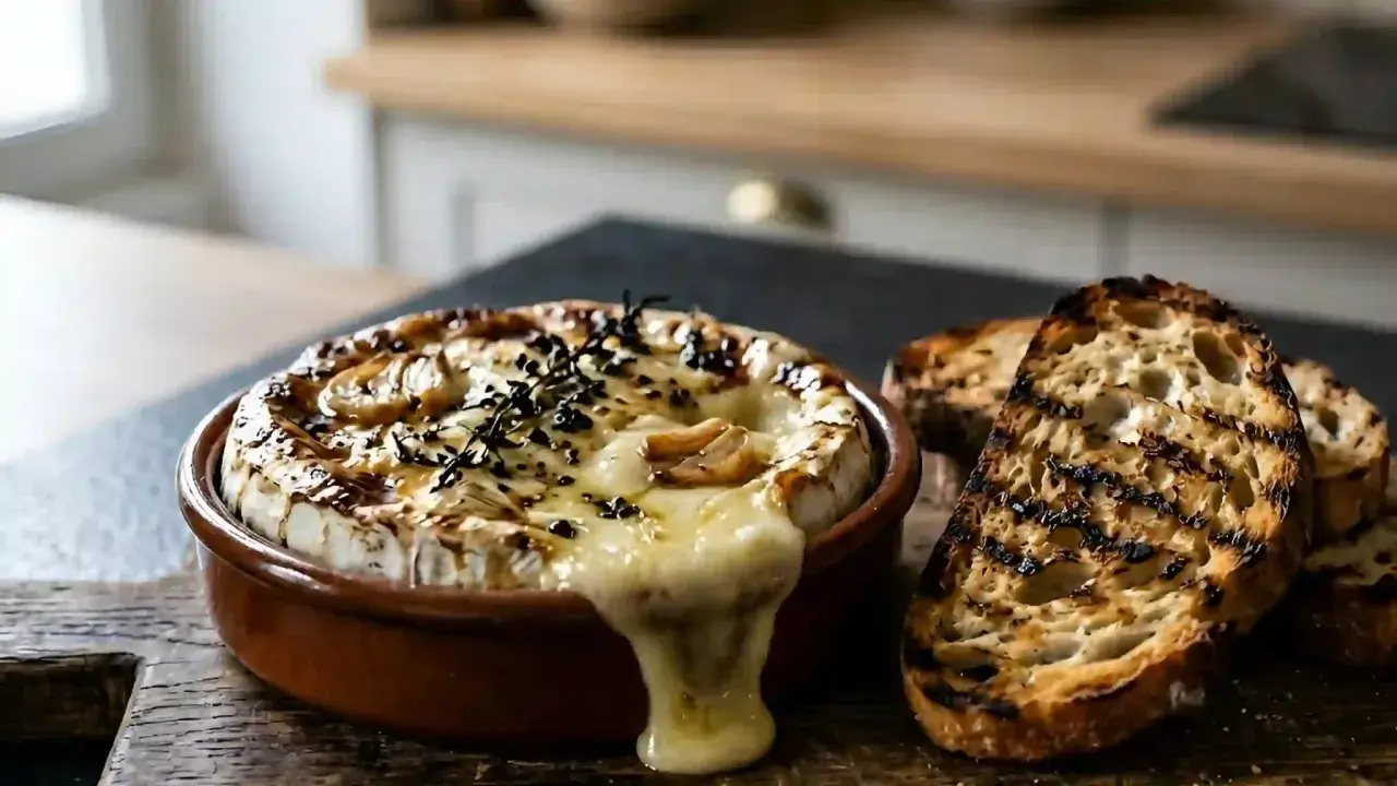 Un camembert au barbecue fondant, garni d'ail et de thym, servi avec des tranches de pain grillé. Un délice à partager !