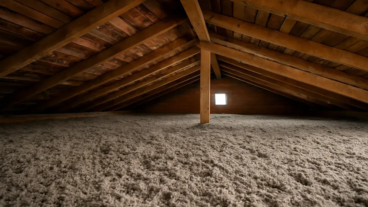Solaio non calpestabile con isolamento in fibra. Travi in legno e un piccolo lucernario illuminano l'ambiente.