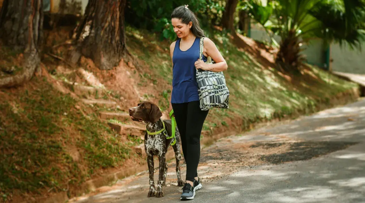 Frau geht mit Hund spazieren, ein toller Weg, um den Kalorienverbrauch beim Spazierengehen zu steigern und die Natur zu genießen.