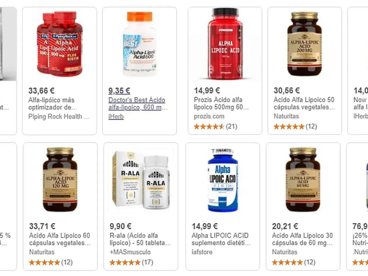 Varias botellas y cajas de suplementos de ácido alfa lipoico en diferentes marcas y presentaciones.