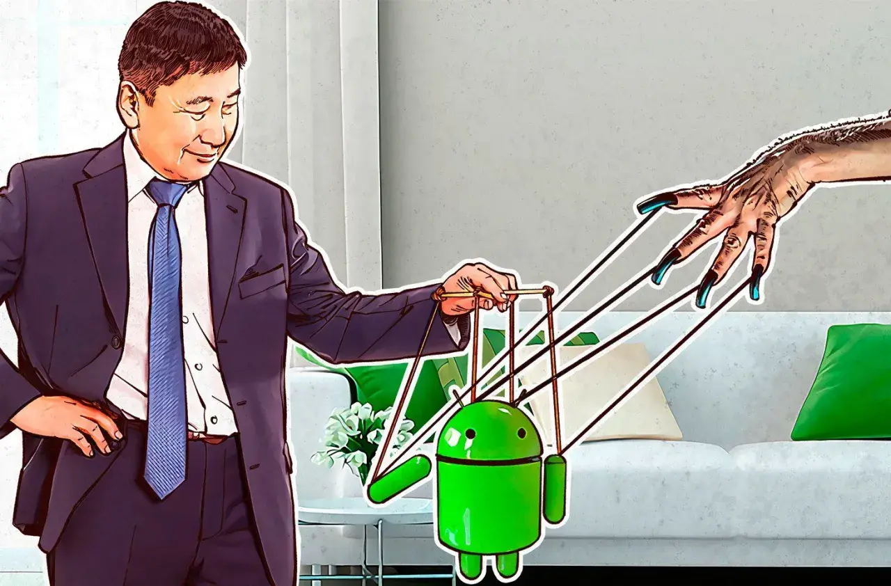 Mężczyzna w garniturze steruje Androidem jak marionetką, podczas gdy inna dłoń z długimi pazurami również pociąga za sznurki, sugerując kontrolę nad systemem, nawet na poziomie root.