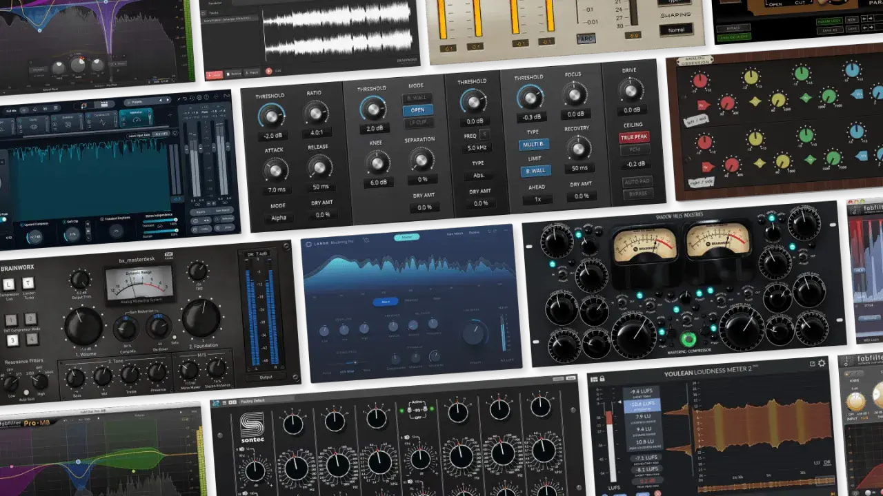 Eine Collage aus Audio-Plugins, die das Mastering von Musik mit verschiedenen Werkzeugen wie Kompressoren und EQs zeigt.