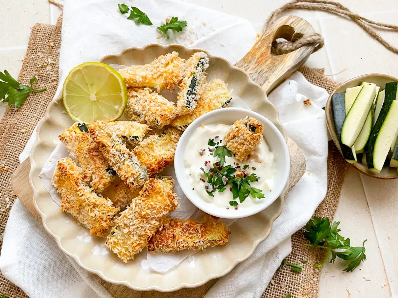 Knusprige Zucchini Pommes, paniert und goldbraun gebacken, serviert mit Dip und Limette.