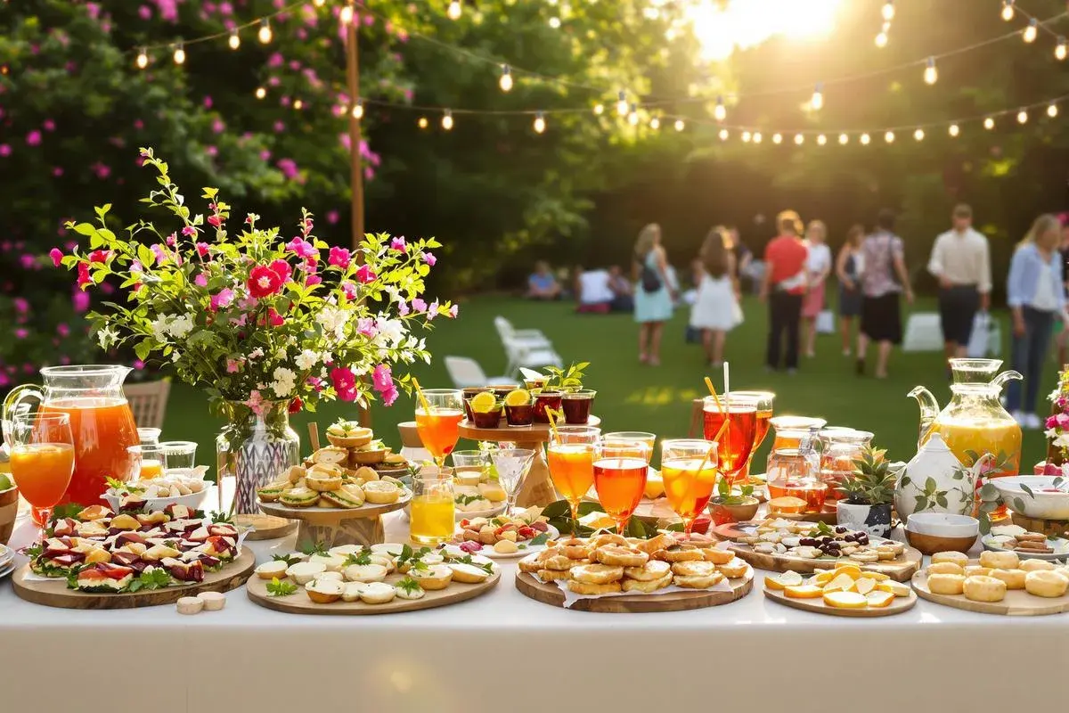 Un apéro dinatoire d'anniversaire en extérieur, avec des boissons colorées, des petits fours et des toasts. Des guirlandes lumineuses illuminent la scène.