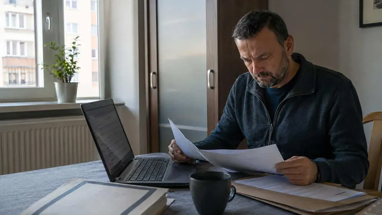 Mężczyzna analizuje dokumenty, szukając informacji, jak sprawdzić czy nastąpiło zatarcie skazania. Na biurku laptop, kubek i segregatory.